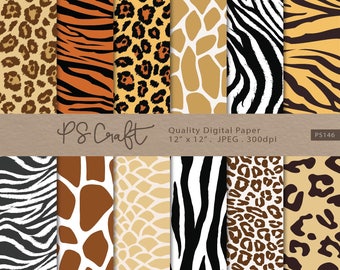 Animal Print Digital Paper, Seamless Safari Background, Zebra, Leopard, Tiger, Giraffe, Crocodile Seamless Pattern for Scrapbooking