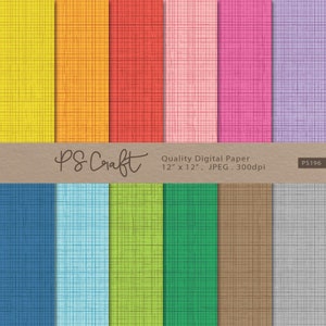 May include: A set of 12 digital papers featuring a variety of colors and a textured linen pattern. The papers are 12 inches by 12 inches and 300 dpi. The text "PS Craft" and "Quality Digital Paper" is included in the image.