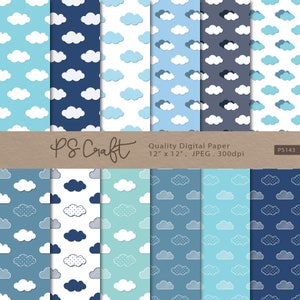 May include: A set of 12 digital papers featuring various blue and white cloud patterns. The papers are 12 inches by 12 inches and are 300 dpi. The text "PS Craft" and "Quality Digital Paper" is included in the image.