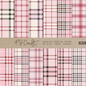 Könnte beinhalten: Eine Sammlung digitaler Papierbögen mit verschiedenen rosa Karomustern. Die Designs umfassen eine Mischung aus hellen und dunklen Rosatönen mit Akzenten in Schwarz und Creme. Der Text auf dem Bild lautet "PS Craft QUALITY DIGITAL PAPER 12" X 12" JPEG 300DPI PS175".