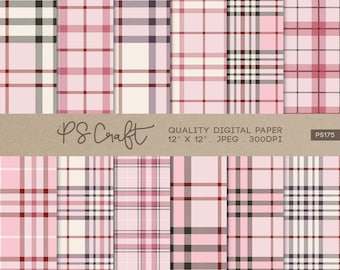 Pink Tartan Plaid Digital Paper, Seamless Scrapbook Paper (Instant Download)