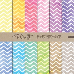 Papel digital Chevron de acuarela, patrón de zigzag arcoíris (descarga digital)