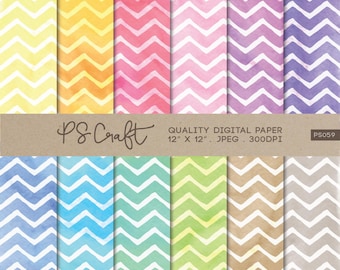 Papel digital em aquarela com estampa chevron e padrão ziguezague arco-íris (download digital)