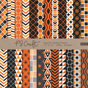 Puede incluir: Conjunto de 12 papeles digitales con patrones geométricos en naranja, negro, blanco y gris. Los patrones incluyen cuadrados, círculos, triángulos y flechas. Los papeles miden 30,5 cm por 30,5 cm y 300 dpi.