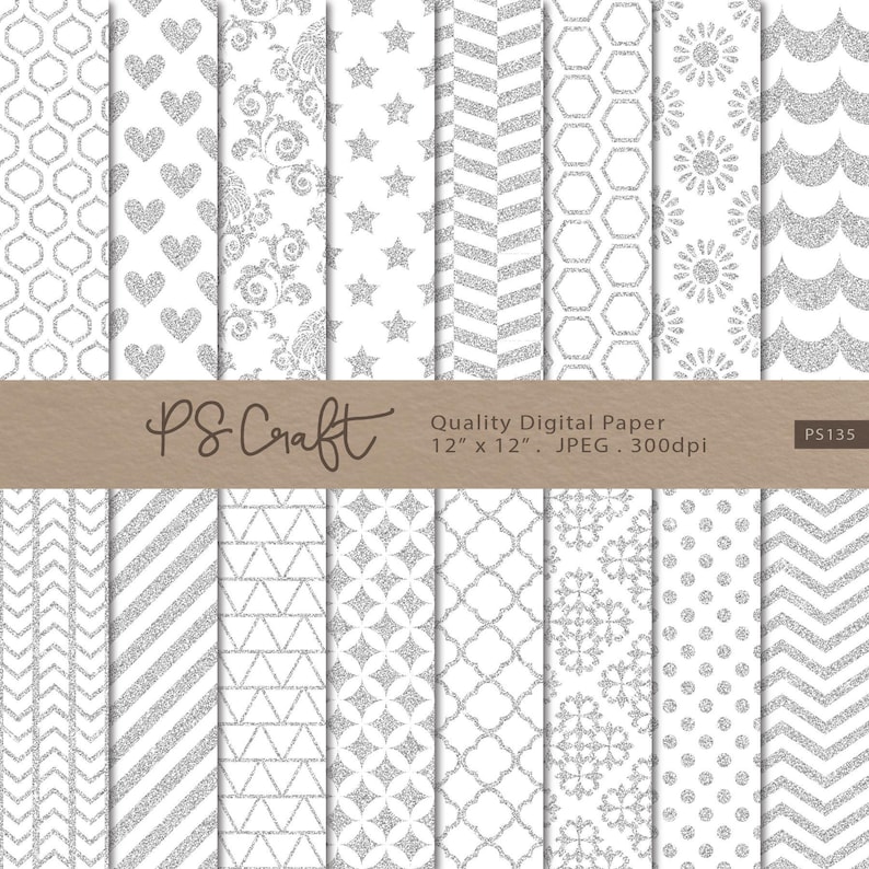 Silver Glitter Digital Papers, Seamless Silver Glitter Background, Silver Patterns, Silver Papers, Wedding Invitation 