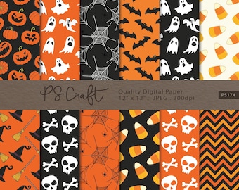 Halloween Digital Paper, SEAMLESS Halloween Digital Paper, Orange Black Background, Instant Download