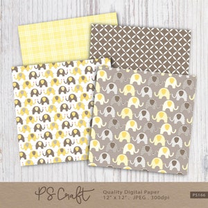 May include: A collection of digital paper sheets with various patterns. Designs include yellow plaid, brown diamond shapes, and elephant motifs in yellow, brown, and white. The paper is 12 x 12 inches and features the text "PS Craft" and "Quality Digital Paper".