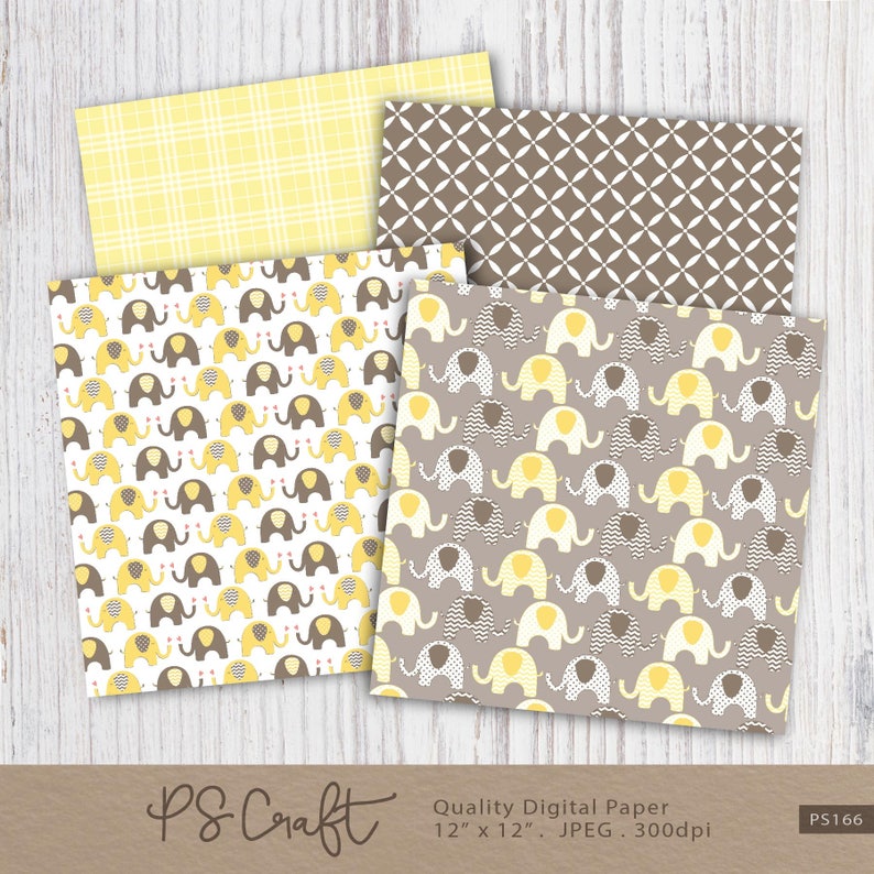 May include: A collection of digital paper sheets with various patterns. Designs include yellow plaid, brown diamond shapes, and elephant motifs in yellow, brown, and white. The paper is 12 x 12 inches and features the text "PS Craft" and "Quality Digital Paper".