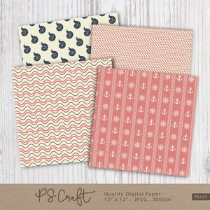 Nautical Digital Paper Pack, Coral & Navy Blue, Ocean Theme (Digital Download) image 4