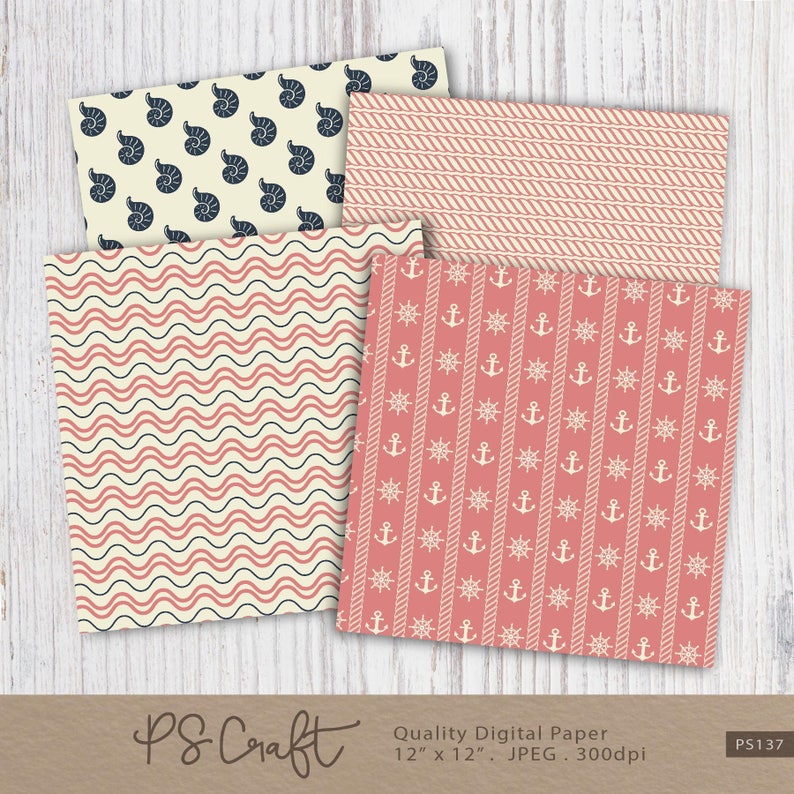 Nautical Digital Paper Pack, Coral & Navy Blue, Ocean Theme (Digital Download) image 4
