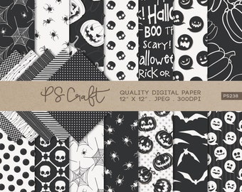 Papel digital preto e branco sem emendas para o Halloween (download instantâneo)