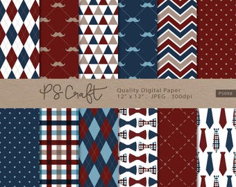 Father's Day Digital Papers, Seamless Gentleman Digital Paper with Mustaches, Red and Blue Neckties, Bow Tie