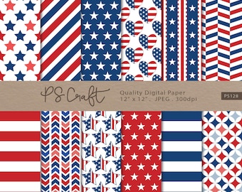 Patriottisch digitaal papierpakket, 4 juli, rood wit blauw (digitale download)