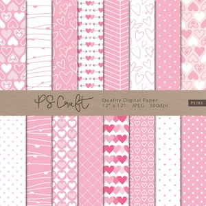 Valentine&#39;s Digital Paper, Seamless Valentines Papers, Pink Digital Paper, Hearts Digital Paper, Scrapbook Paper, Seamless Patterns