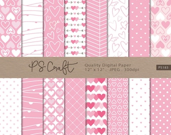 Valentine's Digital Paper, Seamless Valentines Papers, Pink Digital Paper, Hearts Digital Paper, Scrapbook Paper, Seamless Patterns