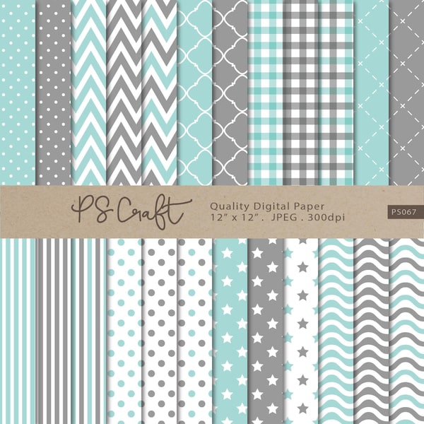 Aqua and Grey Digital Papers, New Baby Shower Digital Paper, Aqua Patterns Backgrounds, SEAMLESS Pattern