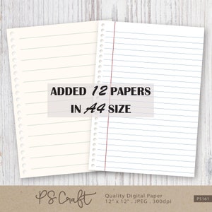 May include: Two sheets of lined paper with holes on the left side. The paper is white with light gray lines. The text "ADDED 12 PAPERS IN A4 SIZE" is in black text on the top of the paper. The text "PS Craft Quality Digital Paper 12" x 12" JPEG. 300dpi PS161" is in brown text on the bottom of the paper.