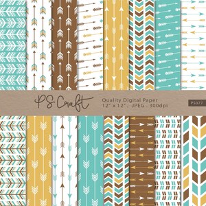 Brown & Teal Arrows Digital Papers, SEAMLESS Arrows Papers, Tribal Papers, Arrow Patterns - Instant Download