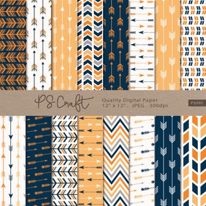Orange and Navy Arrows Digital Papers, SEAMLESS Arrows Papers, Tribal Papers, Arrow Patterns - Instant Download