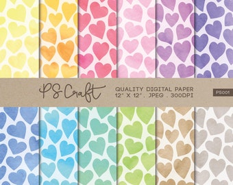 Hearts Watercolor Digital Paper, SEAMLESS Valentines Day Pattern, Watercolor Hearts Paper Packs