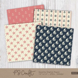 Nautical Digital Paper Pack, Coral & Navy Blue, Ocean Theme (Digital Download) image 2