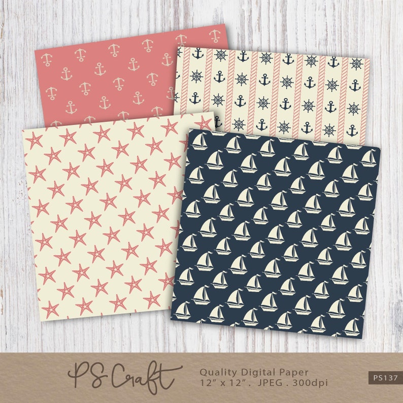 Nautical Digital Paper Pack, Coral & Navy Blue, Ocean Theme (Digital Download) image 2