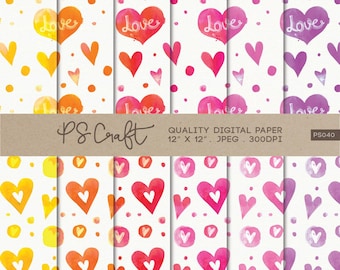Watercolor Hearts Digital Paper Set, Valentine's Day (Digital Download)