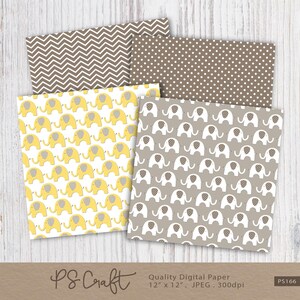 May include: Four sheets of digital paper with various patterns. One sheet has a brown chevron design, another has white polka dots on brown, and two feature elephant patterns in yellow and gray. The bottom of the image has the text "PS Craft" and "Quality Digital Paper 12" x 12". JPEG. 300dpi".