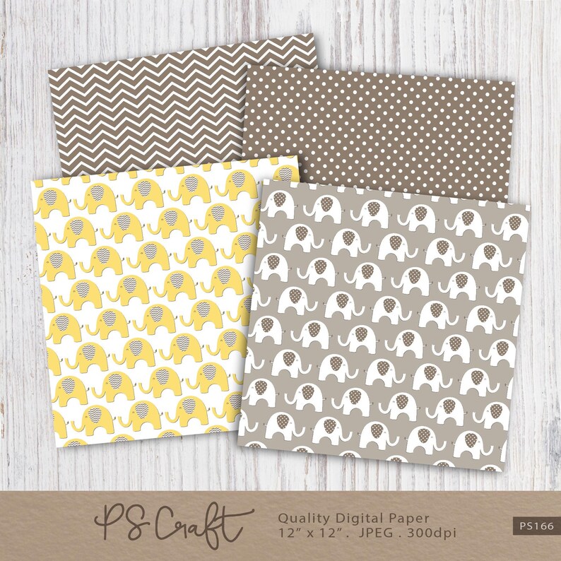 May include: Four sheets of digital paper with various patterns. One sheet has a brown chevron design, another has white polka dots on brown, and two feature elephant patterns in yellow and gray. The bottom of the image has the text "PS Craft" and "Quality Digital Paper 12" x 12". JPEG. 300dpi".