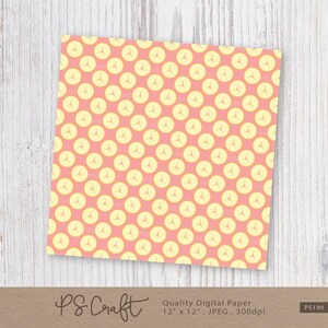 May include: A digital paper pattern with a repeating design of yellow circles with three small yellow lines inside each circle on a pink background. The paper is 12 inches by 12 inches and has a resolution of 300 dpi.