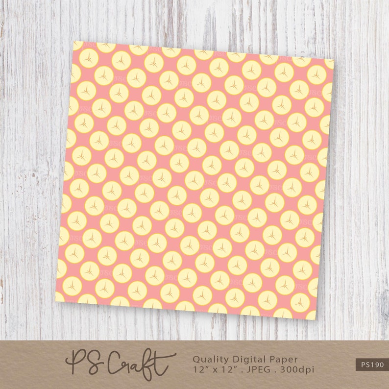 May include: A digital paper pattern with a repeating design of yellow circles with three small yellow lines inside each circle on a pink background. The paper is 12 inches by 12 inches and has a resolution of 300 dpi.