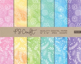 Papel digital com estampa de folhas florais em aquarela, fundo para scrapbook (download digital)