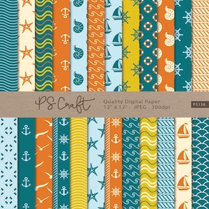 Nautical digital papers, Seamless Ocean Digital Paper, Teal and Orange NAUTICAL Patterns, Sea Background, Instant Download