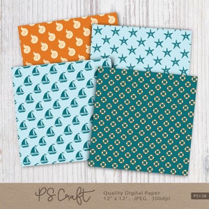 Puede incluir: Cuatro dise&ntilde;os de papel digital con temas n&aacute;uticos. Los dise&ntilde;os incluyen conchas marinas, estrellas de mar, veleros y salvavidas. Los papeles miden 30,5 cm por 30,5 cm y 300 dpi.