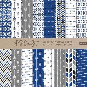 Blue & Grey Arrows Digital Papers, SEAMLESS Arrows Papers, Tribal Papers, Arrow Patterns - Instant Download