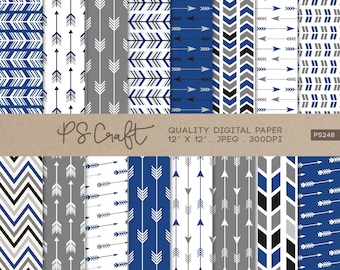 Papel digital com setas em tons de azul e cinza, padrão tribal sem emendas (download instantâneo)
