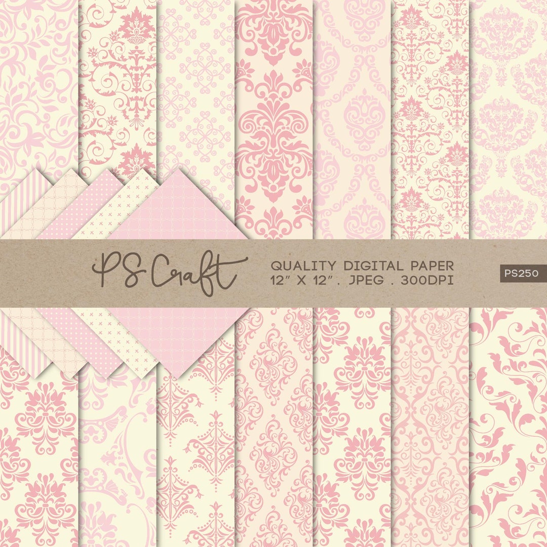 Blush Pink Damask Digital Paper Pack, Seamless Vintage Pattern (instant ...