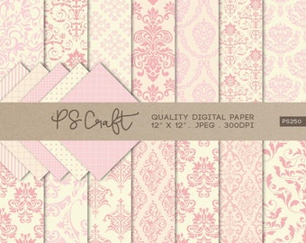 May include: A set of 12 digital papers featuring pink and cream damask patterns. The papers are 12 inches by 12 inches and 300 DPI. PS Craft - Quality Digital Paper - PS250