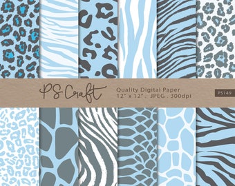 Blue Animal Print Digital Paper, Seamless Blue Safari Background, Zebra, Leopard, Tiger, Giraffe Seamless Pattern