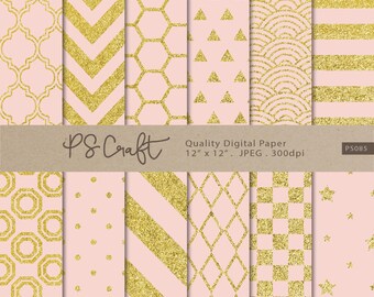 Pink and Gold Glitter Digital Papers, Pink and Gold Backdrop, Gold Glitter Digital Paper, Chevron Honeycomb Quatrefoil Stripes Glitter Paper