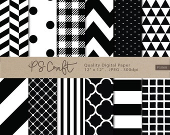 Black and White Digital Paper Pack, Geometric Patterns, Quatrefoil Triangle Striped Zigzag Patterns Patterns