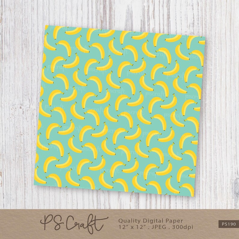 May include: A digital paper design featuring a repeating pattern of yellow bananas on a turquoise background. The design is 12 inches by 12 inches and is 300 dpi.
