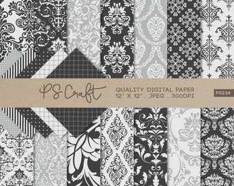 Black & Grey Damask Digital Papers, Seamless Vintage Pattern (Instant Download)