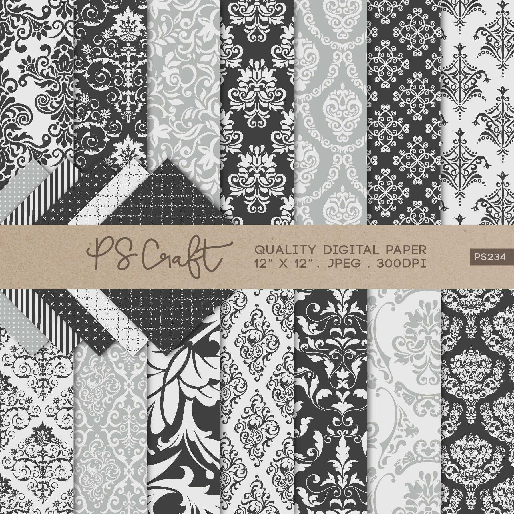 Black & Grey Damask Digital Papers SEAMLESS Vintage Damask Etsy