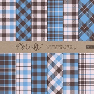 Retro Blue Plaid Digital Papers, SEAMLESS Plaid Background, Retro Plaid Gingham Scrapbooking Paper, Blue & Brown Plaid Printable
