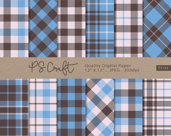 Retro Blue Plaid Digital Papers, SEAMLESS Plaid Background, Retro Plaid Gingham Scrapbooking Paper, Blue & Brown Plaid Printable