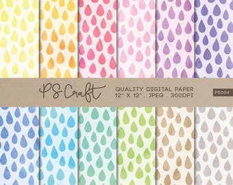 Watercolor Rain Drops Digital Paper Set, Seamless Scrapbook Pattern (Digital Download)