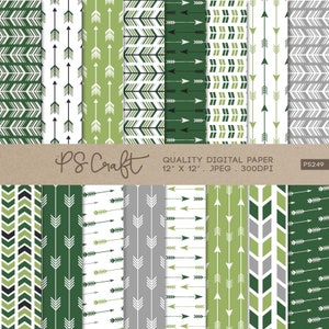 Green & Grey Arrows Digital Papers, SEAMLESS Arrows Papers, Tribal Papers, Arrow Patterns - Instant Download