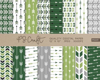 Green & Grey Arrows Digital Papers, SEAMLESS Arrows Papers, Tribal Papers, Arrow Patterns - Instant Download