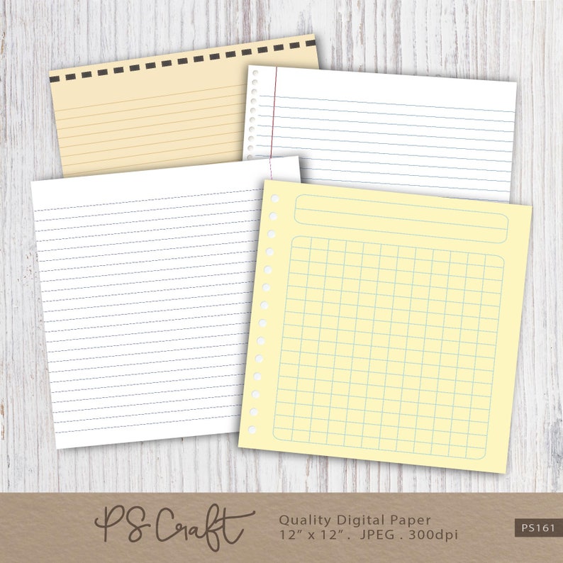 May include: Four digital paper textures in a set: a yellow lined paper, a white lined paper, a white grid paper, and a yellow grid paper. Each paper is 12 inches by 12 inches and 300 dpi.